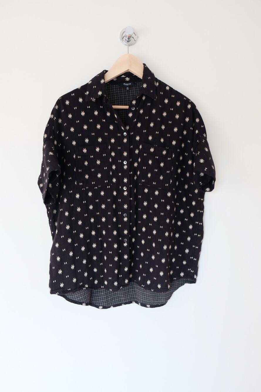 Quiet Luxury Coastal Madewell Shirt Black Cream Print Oversized Button Down XS